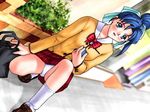  blouse blue_hair blush bow bowtie game_cg hair_bow houkago_ren-ai_club joy_ride long_sleeves loose_socks misaki_shiina panties plaid plaid_skirt ponytail school_uniform shoes skirt socks solo squatting underwear white_legwear white_panties 