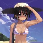  arm_up beach bikini breasts brown_hair cleavage cloud copyright_request dark_skin day halter_top halterneck hand_to_hat hat medium_breasts outdoors short_hair sikorsky sky solo straw_hat striped striped_bikini sun_hat sweat swimsuit 