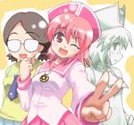  ;d artist_request behoimi blush brown_hair clenched_hand dual_persona glasses hair_between_eyes hand_up hat hexagram jewelry long_sleeves magical_girl momotsuki_gakuen_school_uniform necklace necktie one_eye_closed opaque_glasses open_mouth outstretched_hand pani_poni_dash! partially_colored pendant red_eyes red_hair sailor_collar school_uniform short_hair smile symbol v yellow_sailor_collar 