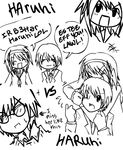  &gt;_&lt; :d ^_^ artist_request blush closed_eyes collared_shirt crossover fujioka_haruhi glasses greyscale hairband lineart monochrome multiple_girls namesake one_eye_closed open_mouth ouran_high_school_host_club shirt simple_background smile speech_bubble suzumiya_haruhi suzumiya_haruhi_no_yuuutsu sweatdrop talking white_background wince 