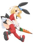  amano_yuu animal_ears ass bare_shoulders black_panties blonde_hair blush boots bow bunny_ears bunny_tail carrot gloves hair_bow large_bow looking_at_viewer original panties red_eyes red_legwear red_skirt short_hair skirt solo tail thighhighs underwear upskirt walking white_gloves 