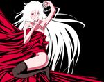  archerko bed_sheet breasts covering fate/stay_night fate_(series) himura_kiseki large_breasts long_hair naked_sheet nude red_eyes simple_background smirk solo thighhighs very_long_hair white_hair 