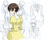  closed_mouth cowboy_shot dress expressionless formal from_behind fujioka_haruhi long_sleeves looking_at_viewer looking_back ouran_high_school_host_club partially_colored psyt2 short_hair sketch solo suit unfinished yellow_dress 