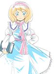 alice_margatroid blonde_hair blue_dress blue_eyes blush book capelet dress hairband hand_on_hip holding holding_book long_sleeves looking_at_viewer sash short_hair simple_background smile solo standing touhou wavy_hair white_background yuu_(kfc) 