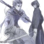  artist_request assassin_(fate/stay_night) cassock fate/stay_night fate_(series) gae_bolg kotomine_kirei lancer lowres male_focus monochrome monohoshizao multiple_boys polearm purple spear sword weapon 