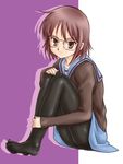  bangs black_legwear blue_sailor_collar brown_eyes brown_hair cardigan feet glasses hand_on_own_knee kita_high_school_uniform leg_hug long_sleeves looking_at_viewer nagato_yuki pantyhose sailor_collar school_uniform serafuku short_hair sitting solo suzumiya_haruhi_no_yuuutsu thighband_pantyhose uraharukon 