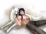  animal artist_request chest fate/stay_night fate_(series) grin lancer male_focus pants shirtless smile solo source_request white_wolf wolf 