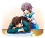  1girl blazer blue_sailor_collar blue_skirt brown_eyes brown_hair closed_eyes covering_with_blanket head_on_table head_rest jacket kita_high_school_uniform kyon long_sleeves nagato_yuki orange_background paper purple_hair sailor_collar school_uniform serafuku shirt short_hair simple_background skirt sleeping suzumiya_haruhi_no_yuuutsu table upper_body white_shirt zono_(rinkara-sou) 