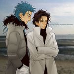  beach blue_hair brown_hair coat crossed_arms day fate/stay_night fate_(series) hands_in_pockets kotomine_kirei lancer long_sleeves male_focus multiple_boys outdoors utsugi_sakuko wind 