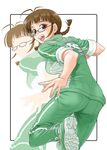  akizuki_ritsuko braid brown_hair glasses gym_uniform hida_tatsuo idolmaster idolmaster_(classic) idolmaster_1 looking_back single_vertical_stripe sleeves_rolled_up solo track_suit twin_braids 