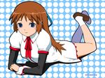  artist_name bangs blue_background blue_eyes blue_ribbon blush_stickers breasts brown_hair clenched_hand closed_mouth dress from_side hair_ornament hair_ribbon hairclip hiro_kikunosuke legs_up light_smile loafers long_hair long_sleeves looking_at_viewer lying neck_ribbon on_stomach polka_dot polka_dot_background puffy_sleeves red_ribbon ribbon routes school_uniform shadow shoes short_dress short_over_long_sleeves short_sleeves sleeve_cuffs small_breasts smile socks solo wallpaper white_dress white_legwear wing_collar yuasa_satsuki 