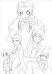  3girls :d belt blazer bow chin_stroking crossdressing dress_shirt fujioka_haruhi greyscale hair_bow hands_on_own_chest haninozuka_mitsukuni heart height_difference holding houshakuji_renge hug index_finger_raised jacket juliet_sleeves kurakano_momoka lineart long_hair long_sleeves looking_at_viewer milk-candy monochrome morinozuka_takashi multiple_boys multiple_girls necktie open_mouth ouran_high_school_host_club pointing pointing_up puffy_sleeves reverse_trap ribbon school_uniform shirt short_hair smile spoken_heart stuffed_animal stuffed_bunny stuffed_toy 