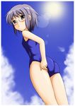  adjusting_clothes adjusting_swimsuit ass bangs blush brown_eyes cloud day flat_chest from_below fujimoto_akio glasses grey_hair lens_flare looking_back nagato_yuki one-piece_swimsuit outdoors school_swimsuit short_hair sky solo standing sun suzumiya_haruhi_no_yuuutsu swimsuit thighs 