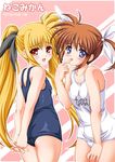  arms_behind_back black_school_swimsuit blonde_hair blush brown_hair eccentriky fate_testarossa long_hair lyrical_nanoha mahou_shoujo_lyrical_nanoha multiple_girls one-piece_swimsuit purple_eyes red_eyes school_swimsuit swimsuit takamachi_nanoha twintails very_long_hair white_school_swimsuit white_swimsuit 