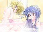  artist_request back bath blonde_hair furude_rika higurashi_no_naku_koro_ni houjou_satoko mirror multiple_girls purple_hair red_eyes reflection smile towel towel_on_head 