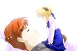  1girl animal_ears artoria_pendragon_(all) blonde_hair chibi couple dog_ears dog_tail emiya_shirou fate/stay_night fate_(series) hetero long_sleeves mikami_mika minigirl saber tail 