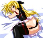  :t arm_belt artist_request blonde_hair bodysuit bow fate_testarossa feet_out_of_frame fetal_position from_above hair_bow long_hair looking_up lying lyrical_nanoha mahou_shoujo_lyrical_nanoha on_side one_eye_closed pillow red_eyes solo thighhighs 