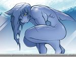  blue_hair blue_skin breasts copyright_request fang fish_girl gills large_breasts monster_girl noise nude open_mouth scar shark_fin shark_girl solo squatting stitches underwater yellow_eyes 