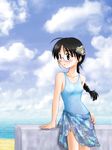  black_hair blush braid cloud copyright_request day glasses mitan ocean one-piece_swimsuit outdoors sky solo swimsuit 