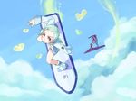  aqua_hair artist_request boots cloud day dress eureka eureka_seven eureka_seven_(series) flying from_above liftboard long_sleeves looking_up mecha nirvash purple_eyes shadow short_dress sky sky_surfing solo white_footwear 