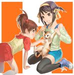  animal brown_hair calico cat kyon_no_imouto long_sleeves miniskirt multiple_girls nao_(artist) pencil_skirt ponytail shamisen_(suzumiya_haruhi) short_hair side_ponytail skirt suzumiya_haruhi suzumiya_haruhi_no_yuuutsu thighhighs zettai_ryouiki 