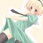  blonde_hair higurashi_no_naku_koro_ni houjou_satoko lowres rikudou_inuhiko skirt skirt_lift solo thighhighs 