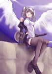  arm_support copyright_request fantasy hino_akira lowres pointy_ears shield short_twintails silver_hair sitting_on_wall solo sword thighhighs twintails weapon white_wings wings 