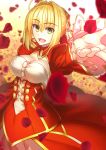  1girl :d ahoge bangs blonde_hair braided_bun breasts cleavage corset eyebrows_visible_through_hair fate/extra fate_(series) green_eyes hair_between_eyes kotera_ryou long_sleeves looking_at_viewer medium_breasts nero_claudius_(fate) nero_claudius_(fate)_(all) open_mouth outstretched_arm red_petals red_skirt red_sleeves short_hair shrug_(clothing) skirt smile solo tied_hair 