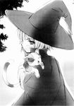  animal calico cape cat greyscale hat highres itou_noiji looking_back monochrome nagato_yuki novel_illustration official_art shamisen_(suzumiya_haruhi) solo suzumiya_haruhi_no_yuuutsu witch witch_hat 