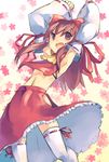  armpits arms_up brown_eyes brown_hair detached_sleeves flat_chest frilled_skirt frills hakurei_reimu long_sleeves midriff mikage_sekizai open_mouth ribbon skirt solo thighhighs touhou 