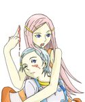  anemone_(eureka_seven) artist_request bare_shoulders blue_eyes blue_hair buttons dress dripping eureka eureka_seven eureka_seven_(series) food food_on_face food_on_finger hair_ornament hairclip hug jewelry multiple_girls neck_ring one_eye_closed open_mouth parted_lips pink_hair simple_background sleeveless sleeveless_dress teeth upper_body white_background wince 