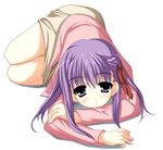  artist_request black_eyes crossed_arms fate/stay_night fate_(series) long_sleeves looking_at_viewer lowres lying matou_sakura on_stomach purple_hair solo 