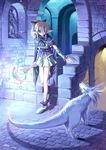  blonde_hair cape copyright_request dated dungeon elf familiar magic pointy_ears purple_eyes staff stairs statue ueda_ryou witch 