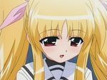  :d bangs blonde_hair bow close-up face fate_testarossa grey_background hair_bow hair_ribbon head_down lyrical_nanoha mahou_shoujo_lyrical_nanoha mahou_shoujo_lyrical_nanoha_a's open_mouth pink_ribbon red_eyes ribbon school_uniform screencap seishou_elementary_school_uniform sidelocks simple_background smile solo upper_body 