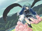  antenna_hair black_wings boots day field flying forest green_eyes green_hair kamyu long_sleeves mountain nature outdoors river short_hair sky solo tree twoirons utawareru_mono wind wind_lift wings 