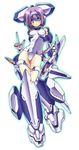  armored_boots blue_eyes blush boots breasts covered_nipples exelica full_body headgear looking_at_viewer mecha_musume medium_breasts purple_hair shinozuka_atsuto short_hair simple_background smile solo thigh_gap thigh_strap trigger_heart_exelica white_background 