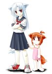  animal_ears bandaid bandaid_on_face bandaid_on_leg barefoot child clothes_grab crossed_arms fox_ears fox_tail full_body gingitsune_(ukagaka) grin hair_bobbles hair_ornament hana_(ukagaka) long_hair multiple_girls neckerchief orange_hair pleated_skirt red_eyes school_uniform serafuku shoes short_hair short_sleeves simple_background skirt smile sneakers standing tail topknot ukagaka umekichi white_background white_hair younger 