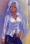  aa_megami-sama azuma_kiyohiko breasts cleavage dark_skin dress_shirt facial_mark forehead_mark large_breasts long_hair long_sleeves midriff shirt solo urd very_long_hair white_hair 