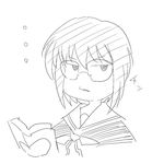  artist_request bangs book glasses greyscale holding holding_book looking_to_the_side monochrome nagato_yuki open_book short_hair sketch solo suzumiya_haruhi_no_yuuutsu 