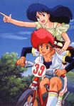  80s alternate_costume artist_request bicycle dark_skin dirty_pair ground_vehicle kei_(dirty_pair) mughi multiple_girls multiple_riders oldschool pillion riding yuri_(dirty_pair) 