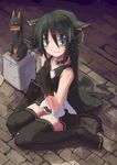  animal_ears artist_request black black_hair black_legwear collar copyright_request doberman dog dog_ears green_eyes hair_ribbon hands_clasped long_hair own_hands_together ribbon sitting solo thighhighs wariza 