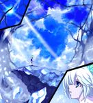  aqua_bow artist_request bangs bare_tree blue_eyes blue_hair blue_sky bow cirno close-up cloud day full_body hair_bow looking_up profile rock short_hair sky solo source_request sun touhou tree 