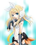  1girl alternate_hair_length alternate_hairstyle black_gloves black_sailor_collar blonde_hair blue_eyes bow breasts cleavage collarbone eyebrows_visible_through_hair fingerless_gloves floating_hair gloves hair_between_eyes hair_bow headphones kagamine_rin leotard long_hair looking_at_viewer midriff nail_polish navel necktie number open_mouth revealing_clothes sailor_collar small_breasts solo standing stomach vocaloid white_bow white_leotard yayoi_(egoistic_realism) yellow_nails yellow_neckwear 