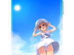 blue_panties bow cloud copyright_request day hat highres mignon panties pantyshot pantyshot_(standing) skirt sky solo standing strapless striped striped_panties sun_hat thigh_gap underwear wallpaper white_skirt 