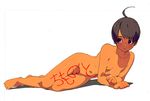  ahoge artist_request barefoot black_hair body_writing breasts brown_eyes character_request copyright_request dark_skin lying nipples nude on_side short_hair simple_background small_breasts solo tan translation_request white_background 