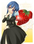  black_dress blue_hair blush braid dress food fruit fruit_background hair_ornament hand_to_own_mouth head_tilt juliet_sleeves lace long_hair long_sleeves looking_at_viewer necktie puffy_sleeves purple_eyes school_uniform setins sidelocks sleeves_folded_up smile solo star strawberry strawberry_panic! suzumi_tamao text_focus 