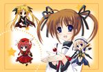  arm_belt belt black_wings blonde_hair blue_eyes braid brown_hair cape chibi fate_testarossa fingerless_gloves gloves gothic_lolita hair_ribbon hat hayashi_sakura jacket lolita_fashion long_hair long_sleeves lyrical_nanoha magical_girl mahou_shoujo_lyrical_nanoha mahou_shoujo_lyrical_nanoha_a's multiple_girls multiple_wings open_clothes open_jacket purple_eyes raising_heart red_eyes red_hair ribbon seishou_elementary_school_uniform short_twintails sitting takamachi_nanoha thighhighs twin_braids twintails unison very_long_hair vita waist_cape wings yagami_hayate 