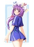  2006_fifa_world_cup ass blush bottomless bow crescent flat_chest hair_ribbon hat jersey long_hair looking_back patchouli_knowledge pink_bow purple_eyes purple_hair raglan_sleeves ribbon sin-go solo touhou tress_ribbon world_cup 