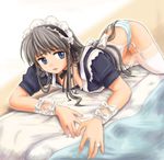  apron blue_dress breasts clannad cleavage dress dress_lift garter_belt green_panties headdress jewelry lingerie long_hair lying maid medium_breasts on_stomach panties ring ryp sakagami_tomoyo solo striped striped_panties thighhighs underwear white_legwear 