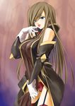  akaten blue_eyes blush breasts brown_hair dress elbow_gloves gloves large_breasts lingerie long_hair long_sleeves naughty_face panties pantyshot pantyshot_(standing) red_legwear red_panties solo standing tales_of_(series) tales_of_the_abyss tear_grants thighhighs tongue underwear very_long_hair 